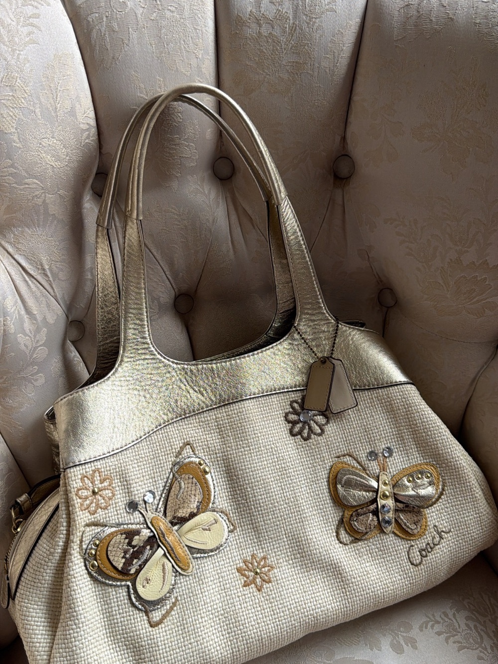Coach Metallic Gold and Cream Butterfly Appliqué Tote